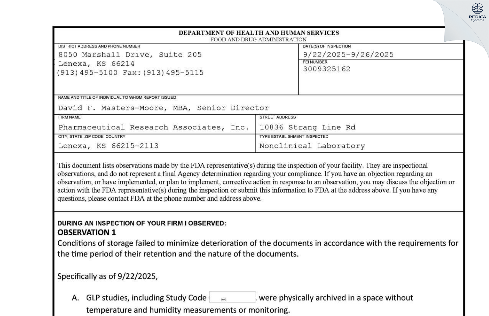 FDA 483 - PRA International, LLC [Lenexa / United States of America] - Download PDF - Redica Systems