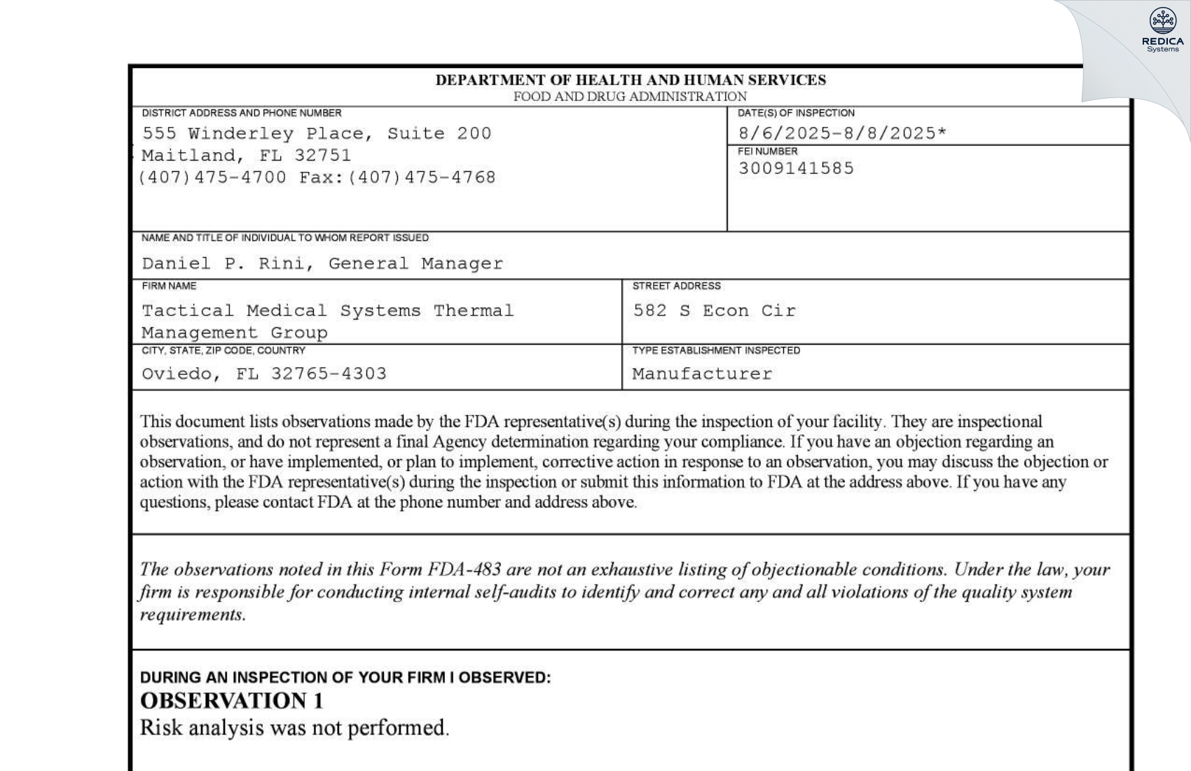 FDA 483 - RINI TECHNOLOGIES, INC. [Oviedo / United States of America] - Download PDF - Redica Systems