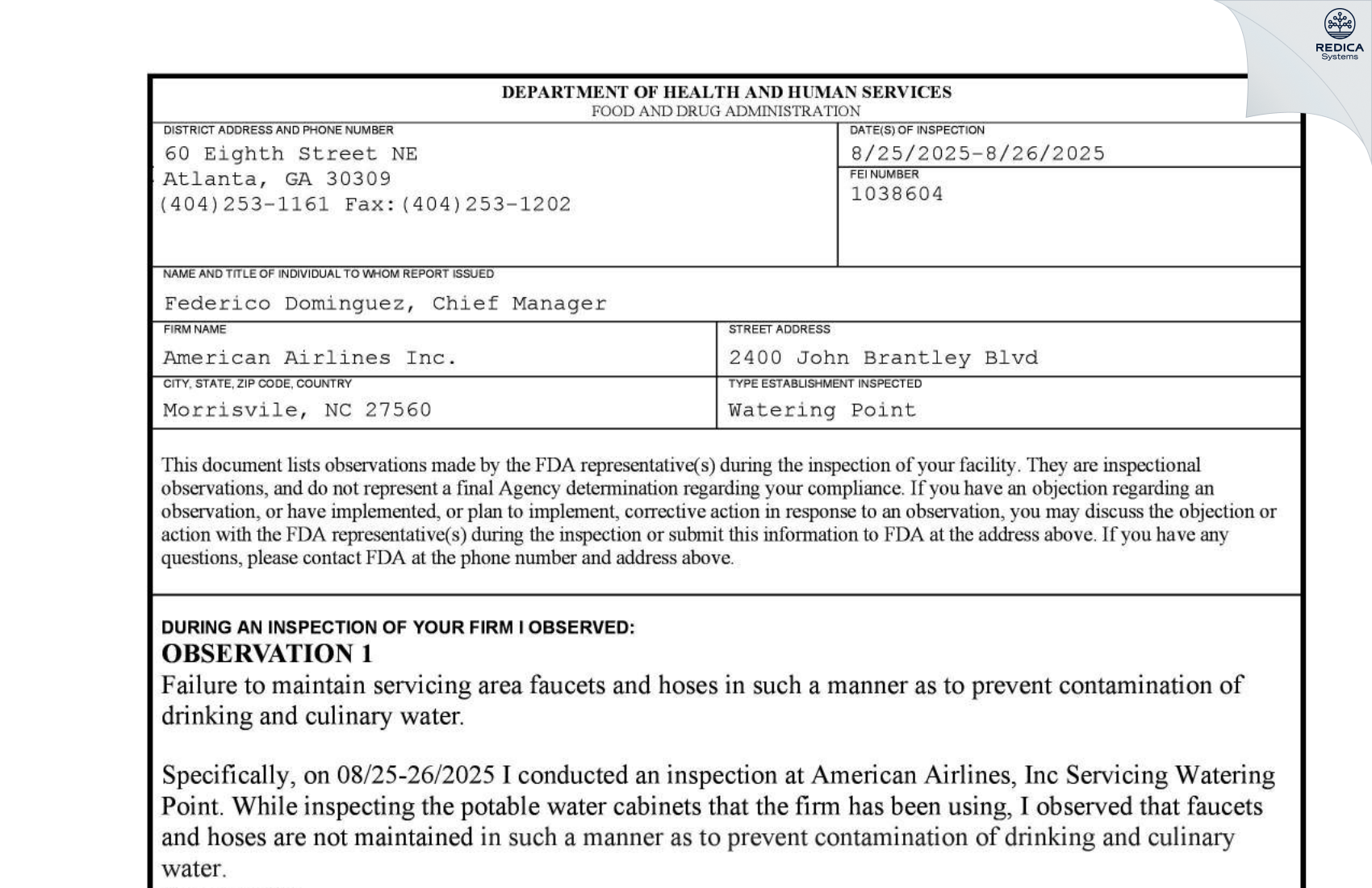 FDA 483 - American Airlines [Morrisville / United States of America] - Download PDF - Redica Systems