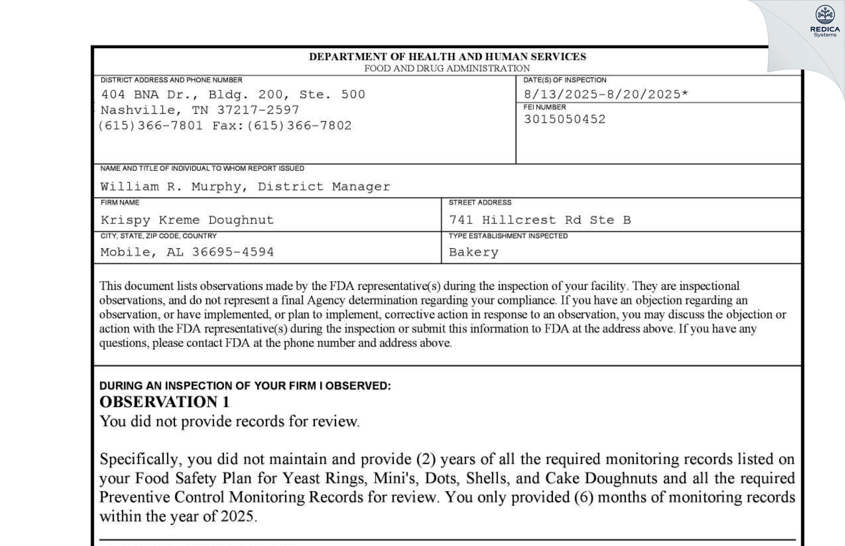 FDA 483 - Krispy Kreme Doughnut [Mobile / United States of America] - Download PDF - Redica Systems
