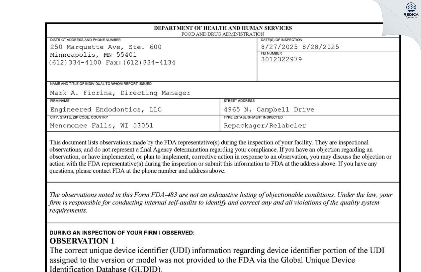 FDA 483 - Engineered Endodontics, LLC [Menomonee Falls / United States of America] - Download PDF - Redica Systems