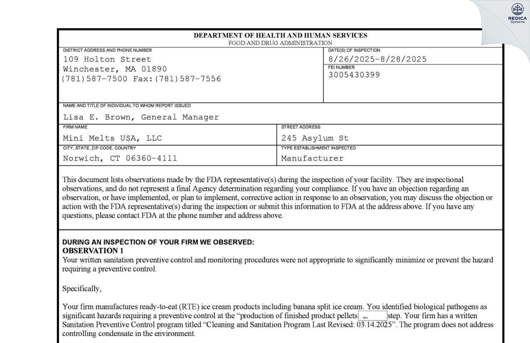 FDA 483 - Mini Melts USA, Inc. [Norwich / United States of America] - Download PDF - Redica Systems