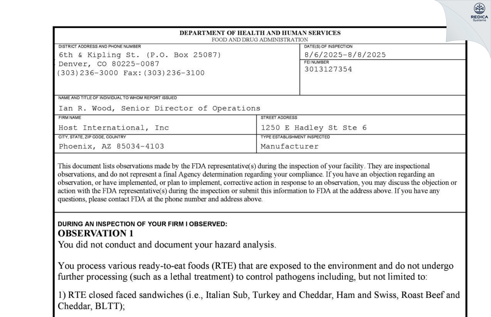 FDA 483 - Host International, Inc [Phoenix / United States of America] - Download PDF - Redica Systems