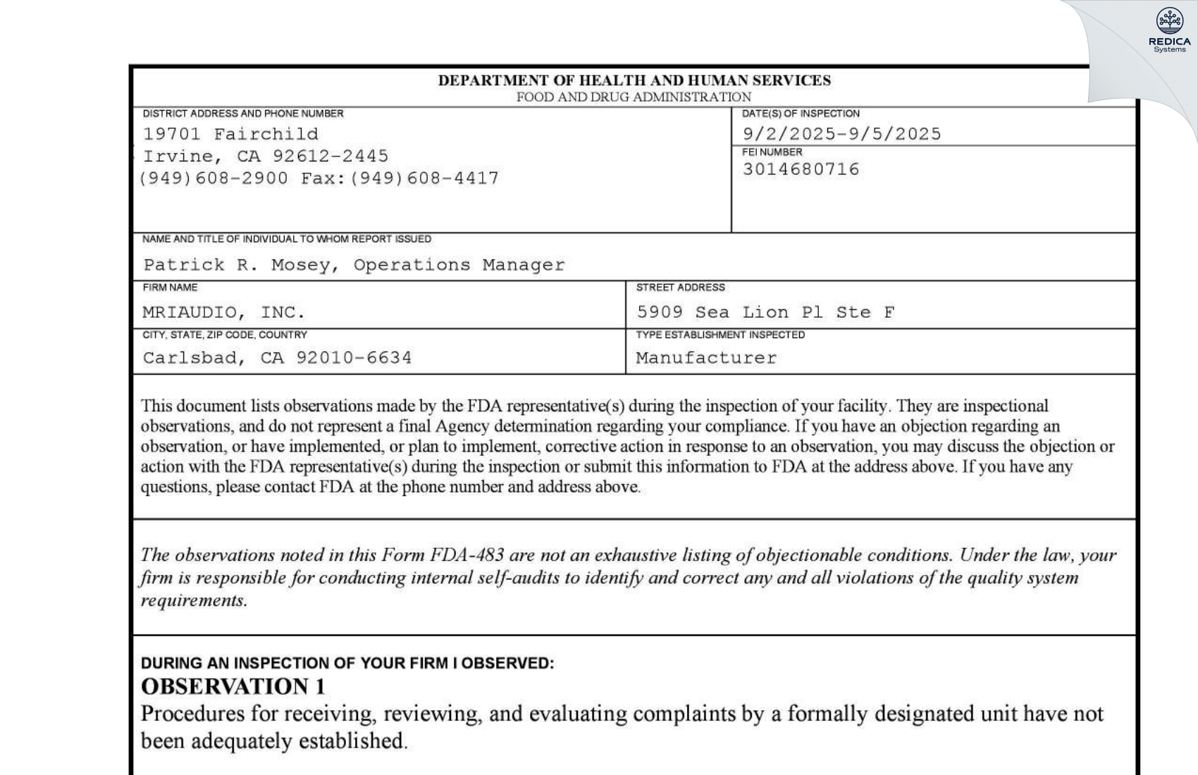 FDA 483 - MRIAUDIO, INC. [Carlsbad / United States of America] - Download PDF - Redica Systems
