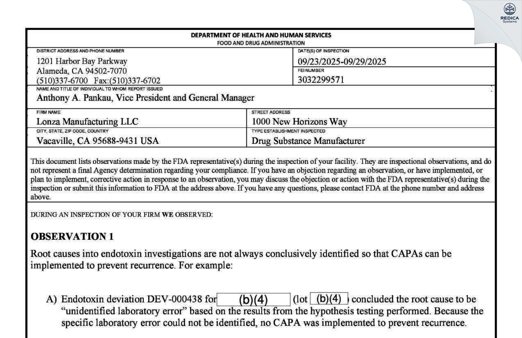 FDA 483 - Lonza Manufacturing LLC [Vacaville / United States of America] - Download PDF - Redica Systems