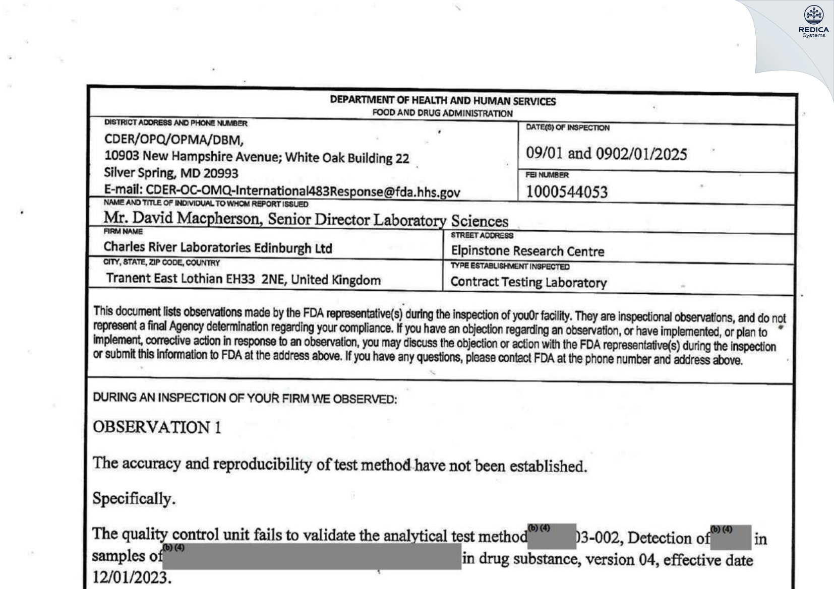 FDA 483 - Charles River Laboratories Edinburgh Ltd. [Tranent / United Kingdom of Great Britain and Northern Ireland] - Download PDF - Redica Systems