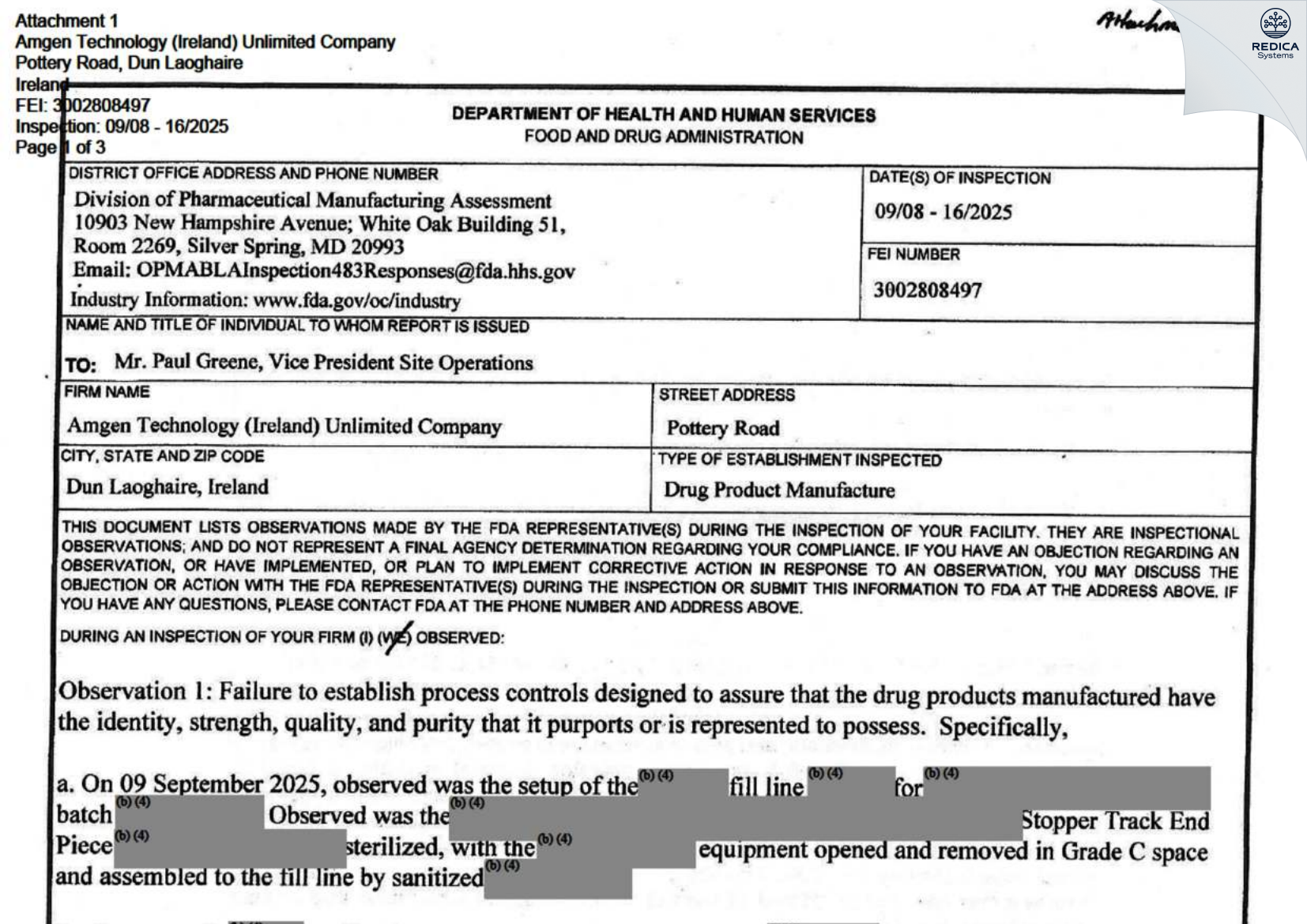 FDA 483 - Amgen Technology (ireland) Unlimited Company [Dun Laoghaire / Ireland] - Download PDF - Redica Systems