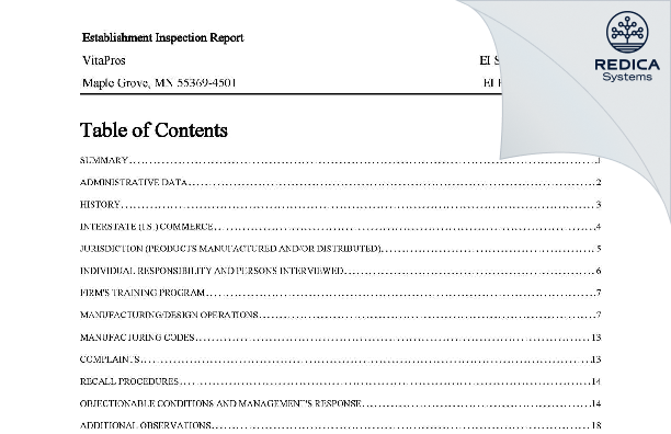 EIR - VitaPros LLC [Osseo / United States of America] - Download PDF - Redica Systems