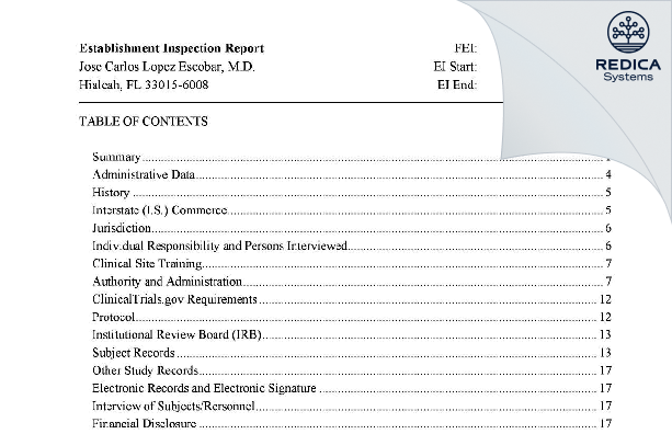 EIR - Jose Carlos Lopez Escobar, M.D. [Hialeah / United States of America] - Download PDF - Redica Systems