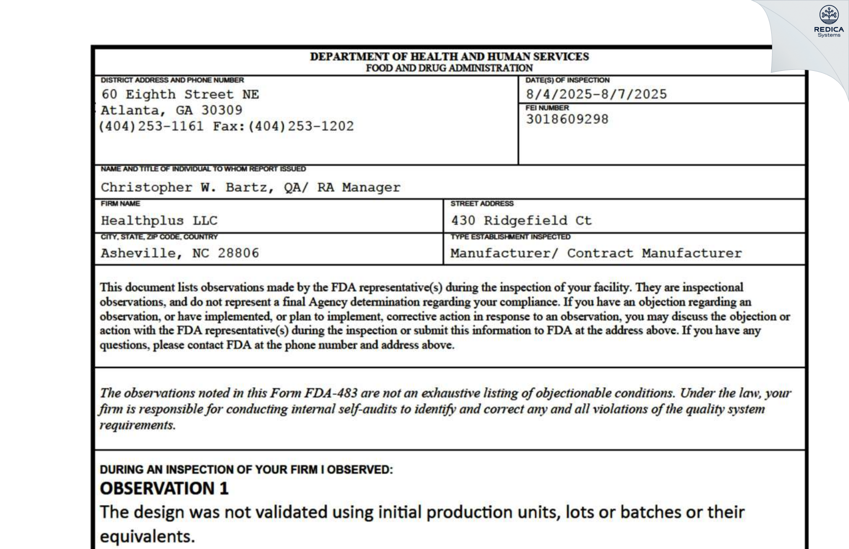 FDA 483 - HEALTHPLUS, LLC [Asheville / United States of America] - Download PDF - Redica Systems