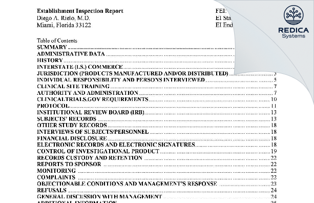EIR - Diego A. Rielo, M.D. [Miami / United States of America] - Download PDF - Redica Systems