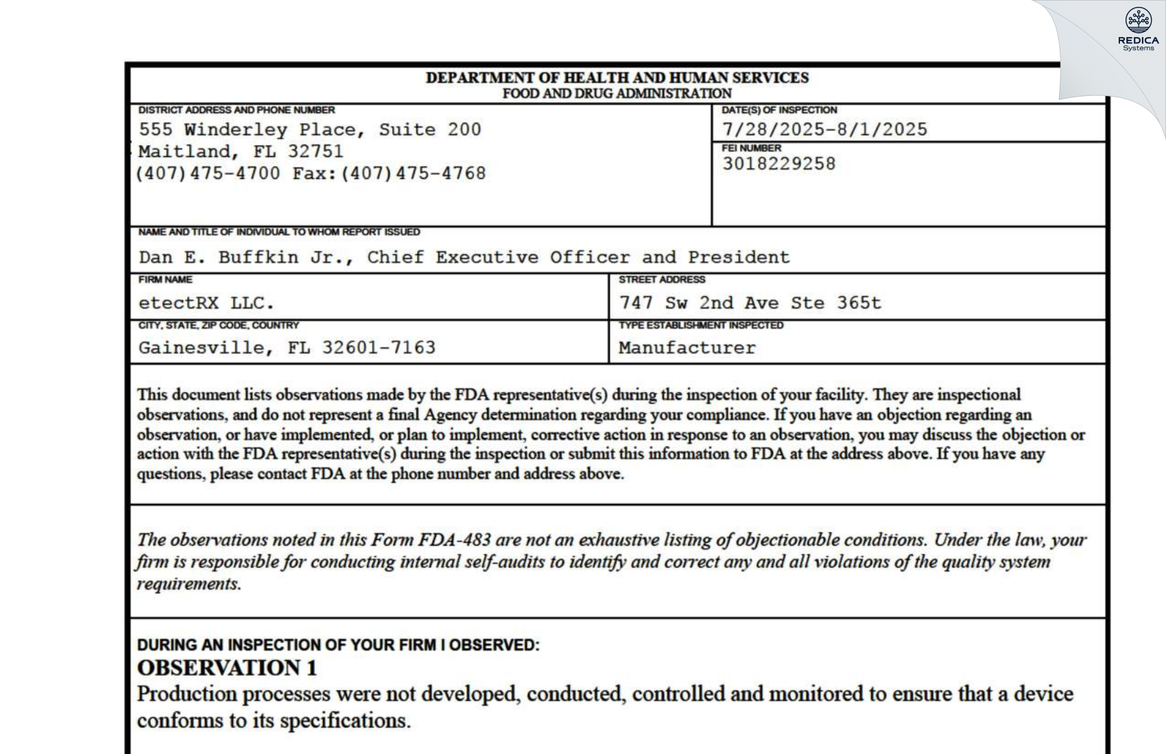 FDA 483 - ETECTRX, INC. [Gainesville / United States of America] - Download PDF - Redica Systems