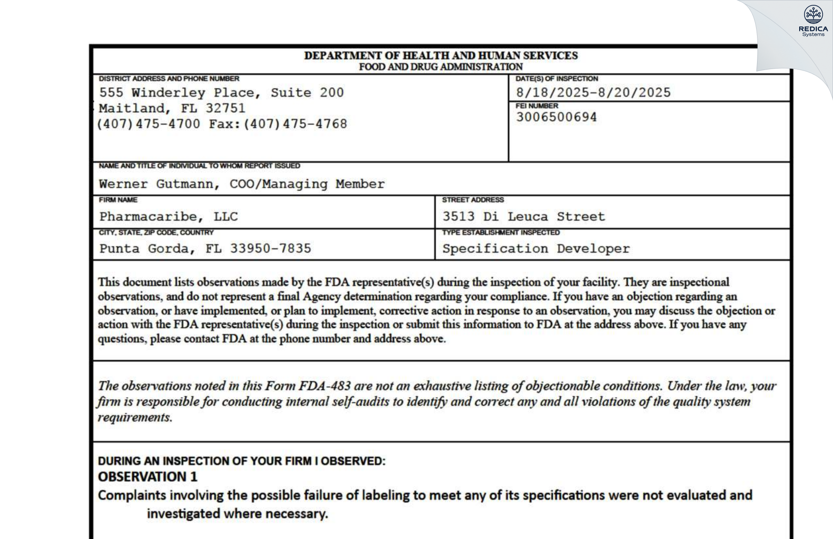 FDA 483 - Pharmacaribe llc [Punta Gorda / United States of America] - Download PDF - Redica Systems