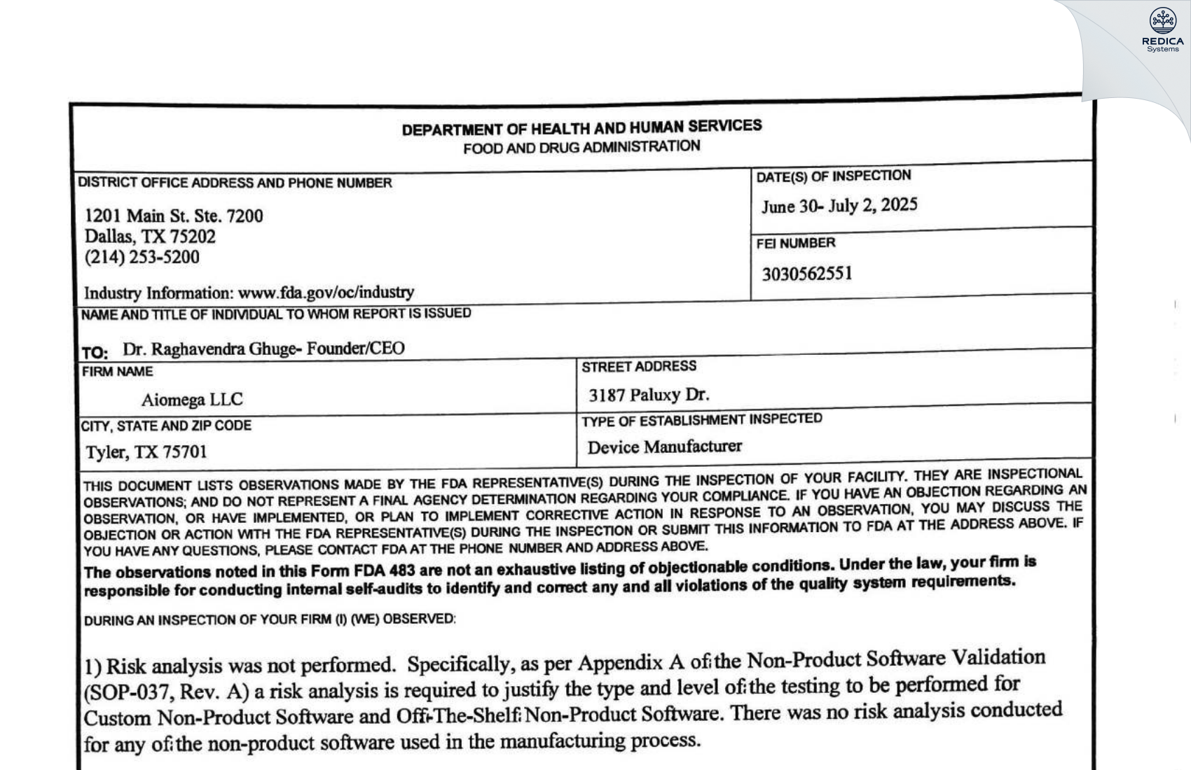 FDA 483 - AIOMEGA, LLC [Tyler / United States of America] - Download PDF - Redica Systems
