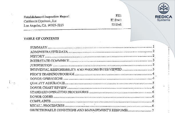 EIR - California Cryobank LLC [Los Angeles / United States of America] - Download PDF - Redica Systems