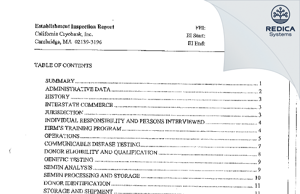 EIR - California Cryobank LLC [Cambridge / United States of America] - Download PDF - Redica Systems