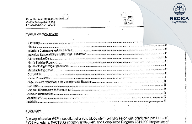EIR - California Cryobank Stem Cell Services, Inc [Los Angeles / United States of America] - Download PDF - Redica Systems