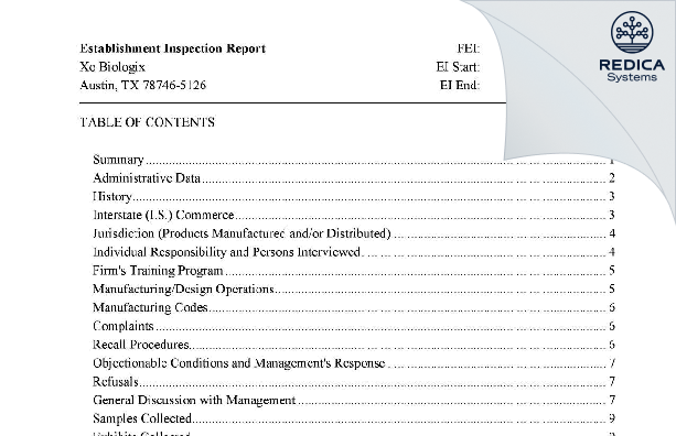 EIR - Xo Biologix [Austin / United States of America] - Download PDF - Redica Systems