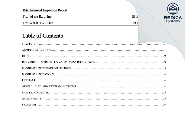 EIR - Fruit of the Earth, Inc. [Grand Prairie / United States of America] - Download PDF - Redica Systems