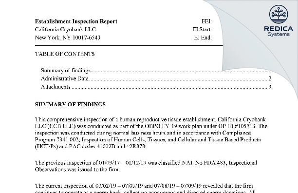 EIR - California Cryobank LLC d.b.a. Cooper Surgical [New York / United States of America] - Download PDF - Redica Systems