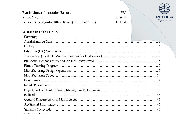 EIR - Kovas Co., Ltd. [Sinchon-Dong / Korea (Republic of)] - Download PDF - Redica Systems