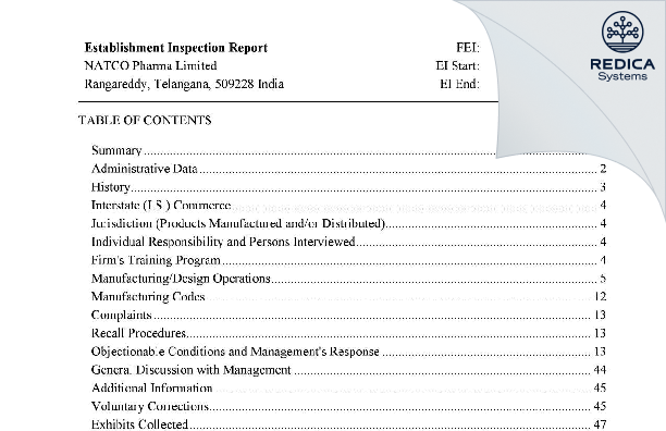 EIR - NATCO PHARMA LIMITED [Kothur / India] - Download PDF - Redica Systems