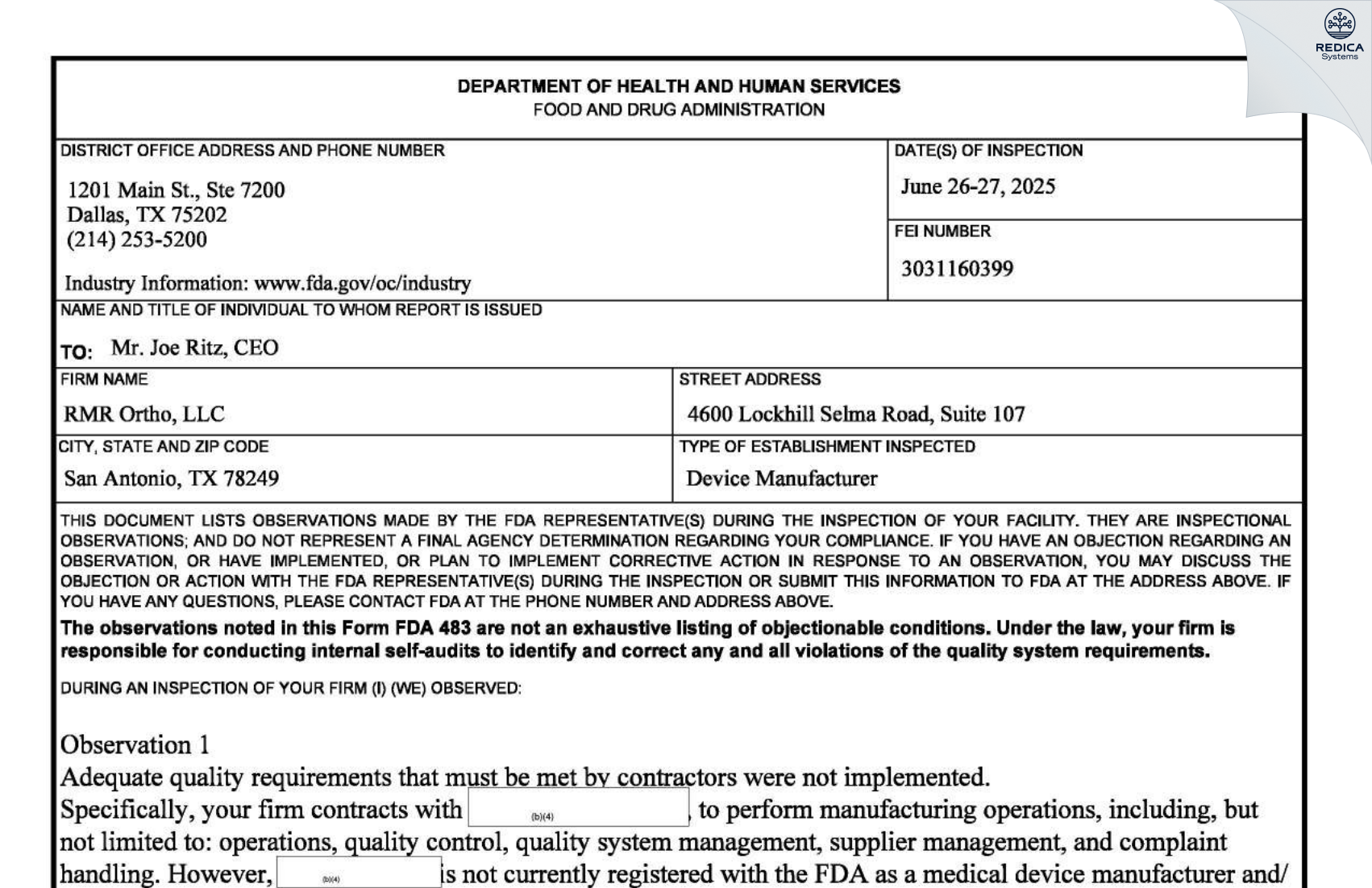 FDA 483 - RMR ORTHO, LLC [San Antonio / United States of America] - Download PDF - Redica Systems