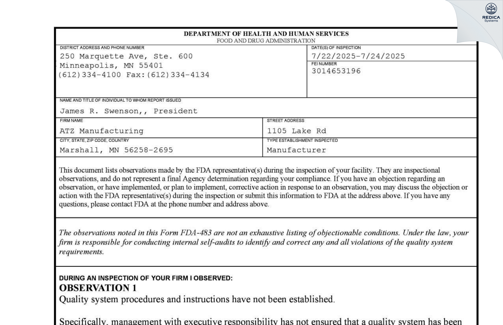 FDA 483 - ACTION MANUFACTURING [Marshall / United States of America] - Download PDF - Redica Systems