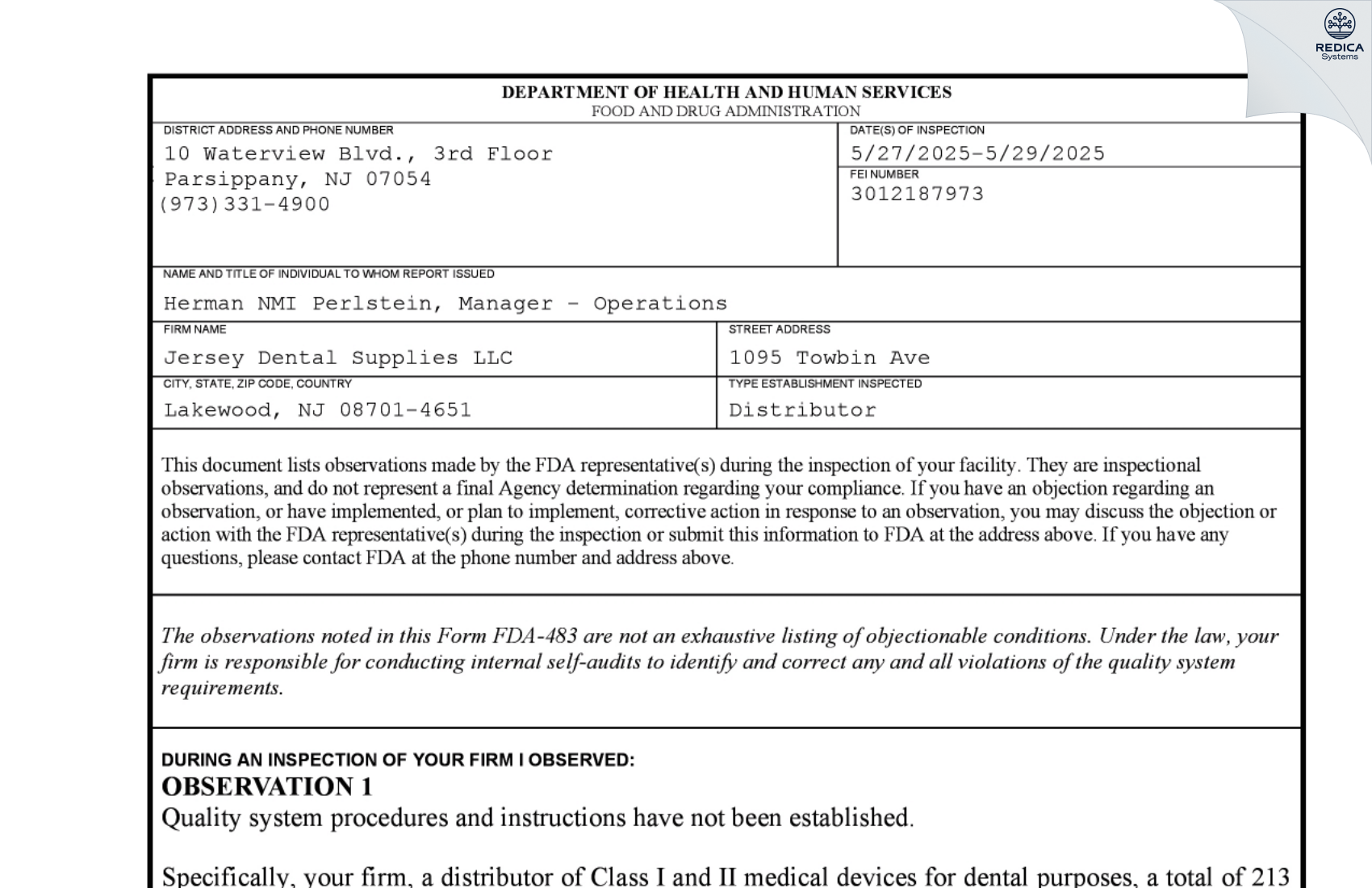 FDA 483 - Jersey Dental Supplies [Lakewood / United States of America] - Download PDF - Redica Systems