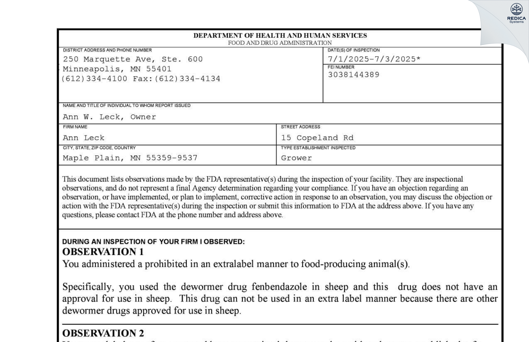 FDA 483 - Ann Leck [Maple Plain / United States of America] - Download PDF - Redica Systems