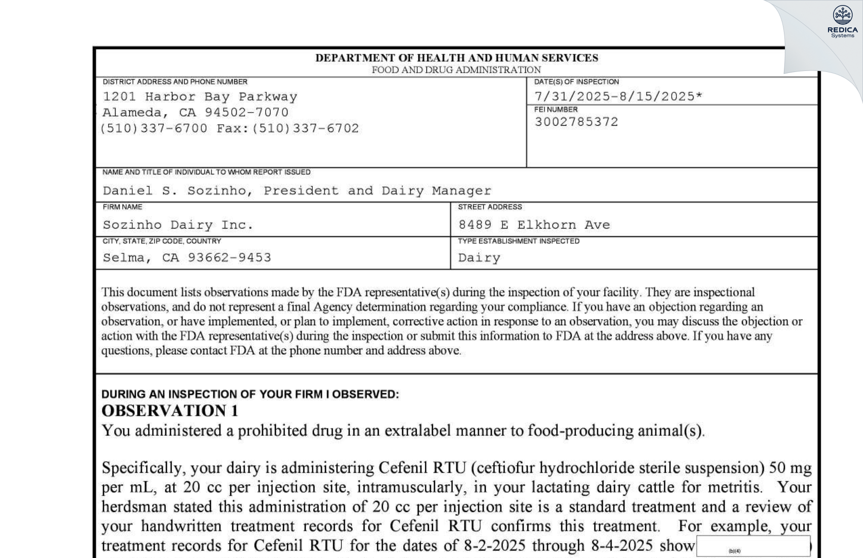 FDA 483 - Sozinho Dairy Inc. [Selma / United States of America] - Download PDF - Redica Systems