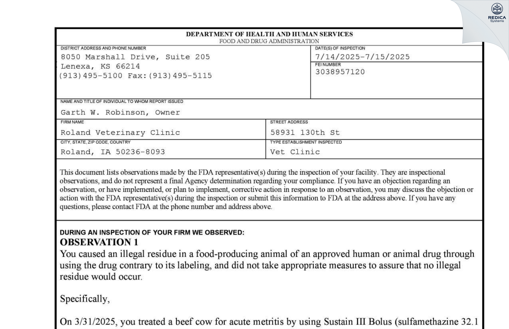 FDA 483 - Roland Veterinary Clinic, P.C. [Roland / United States of America] - Download PDF - Redica Systems