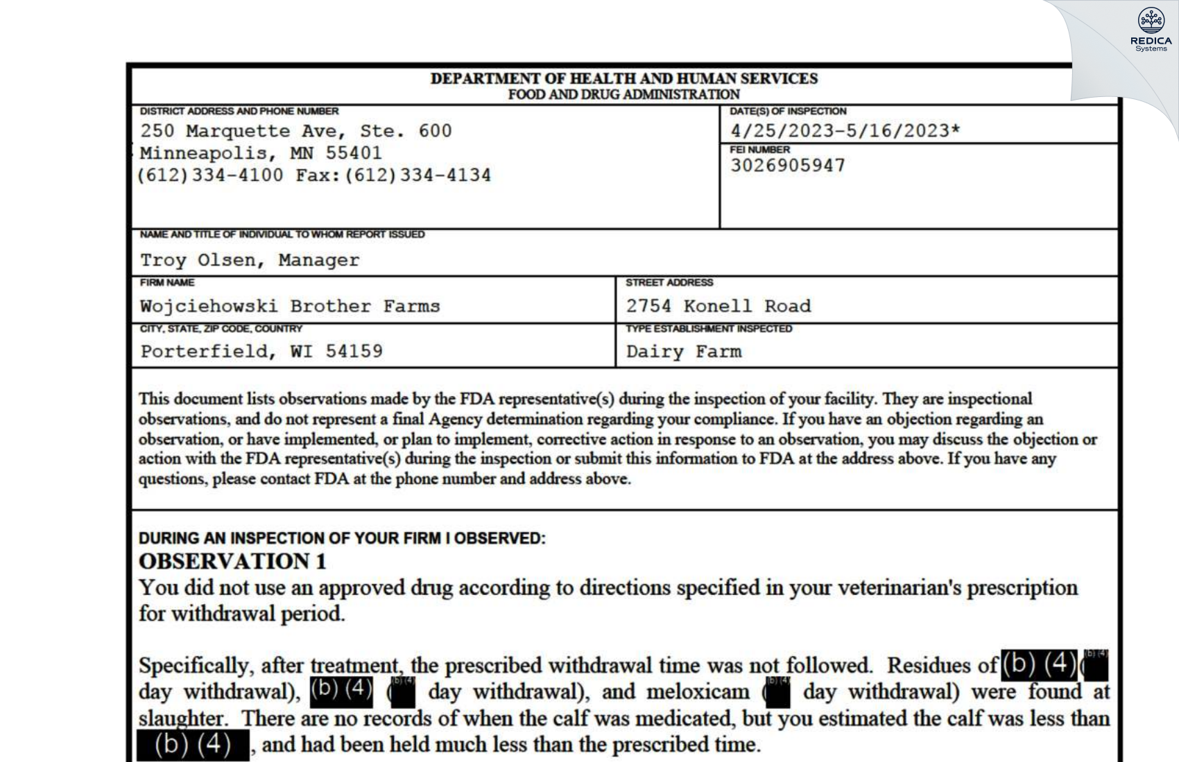 FDA 483 - Wojciehowski Brother Farms [Porterfield / United States of America] - Download PDF - Redica Systems