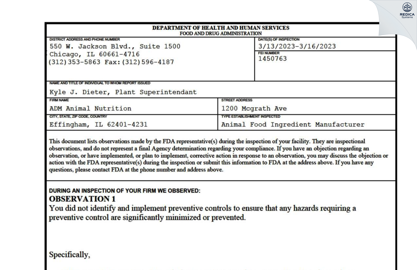 FDA 483 - ADM Animal Nutrition [Effingham / United States of America] - Download PDF - Redica Systems