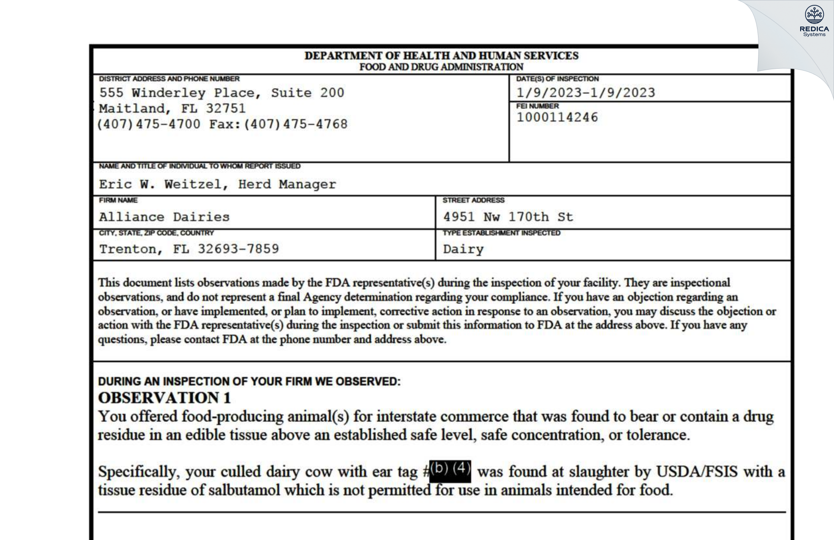FDA 483 - Alliance Dairies [Trenton / United States of America] - Download PDF - Redica Systems