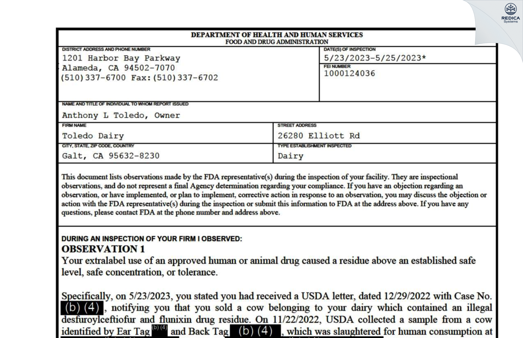 FDA 483 - Toledo Dairy [Galt / United States of America] - Download PDF - Redica Systems