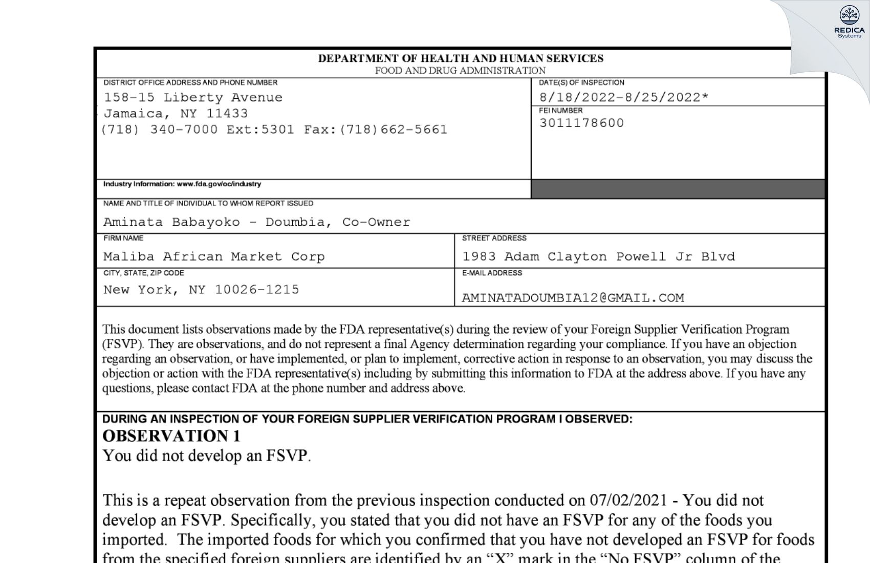 FDA 483 - Maliba African Market Corp [New York / United States of America] - Download PDF - Redica Systems