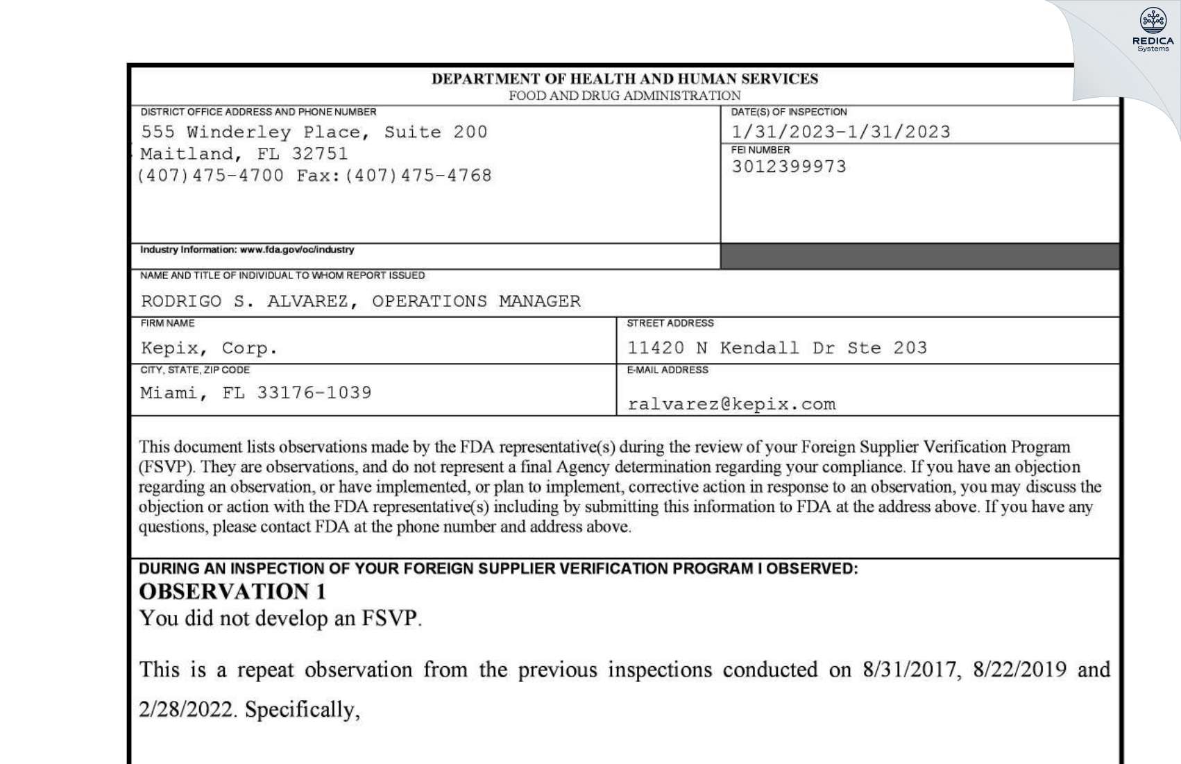 FDA 483 - Kepix, Corp. [Miami / United States of America] - Download PDF - Redica Systems