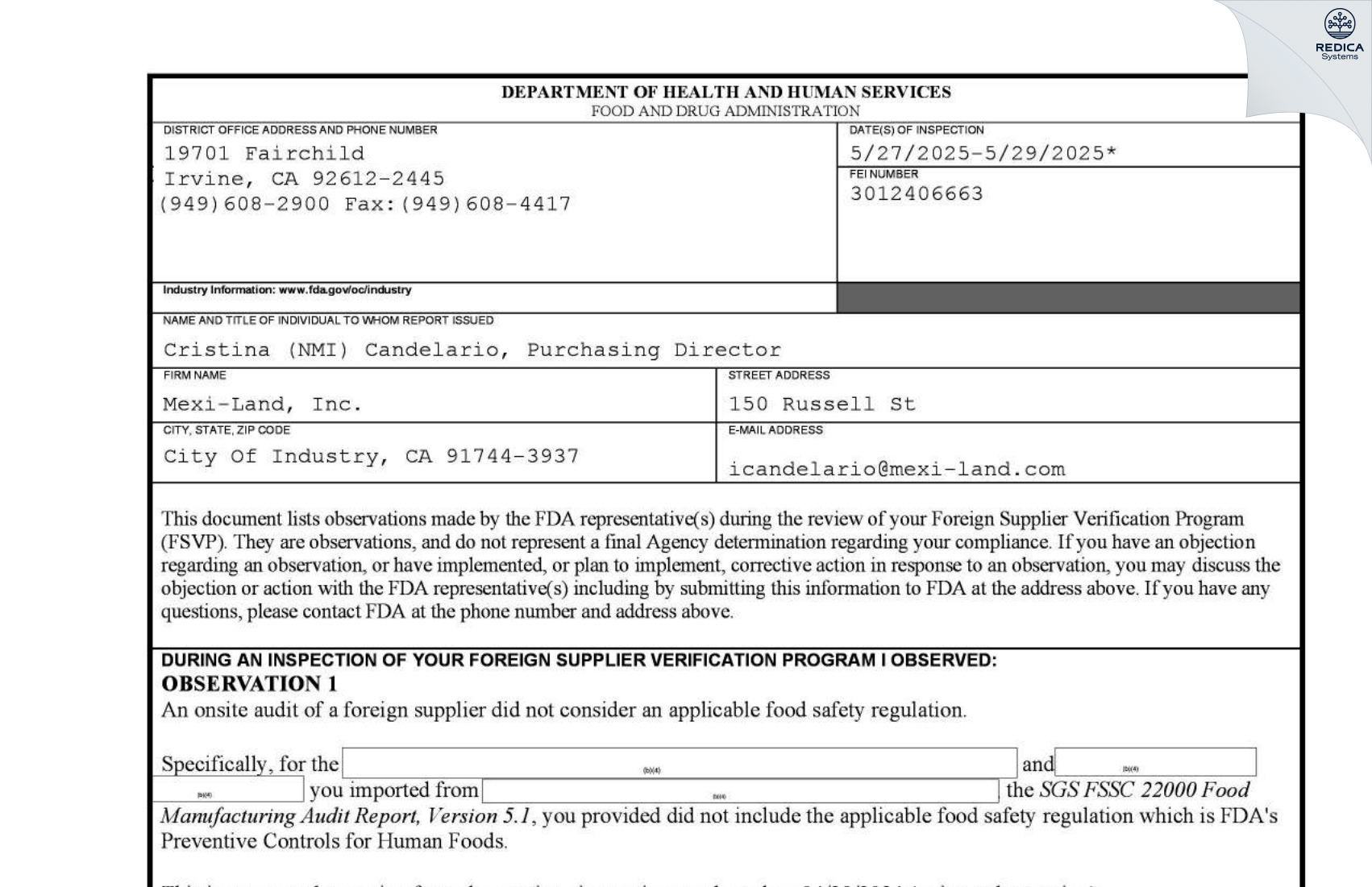 FDA 483 - Mexi-Land Inc. [City Of Industry / United States of America] - Download PDF - Redica Systems