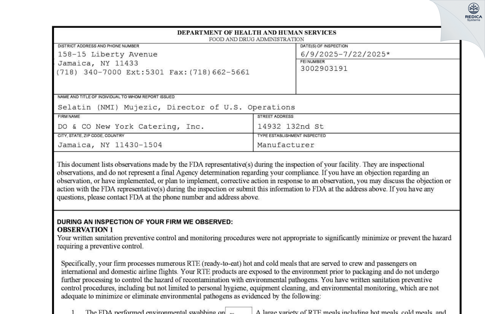 FDA 483 - DO & CO New York Catering, Inc. [South Ozone Park / United States of America] - Download PDF - Redica Systems