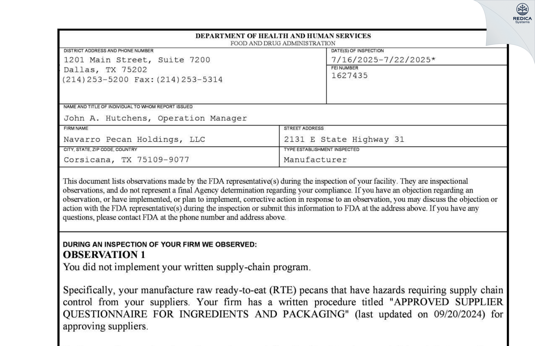 FDA 483 - Navarro Pecan Holdings, LLC [Corsicana / United States of America] - Download PDF - Redica Systems