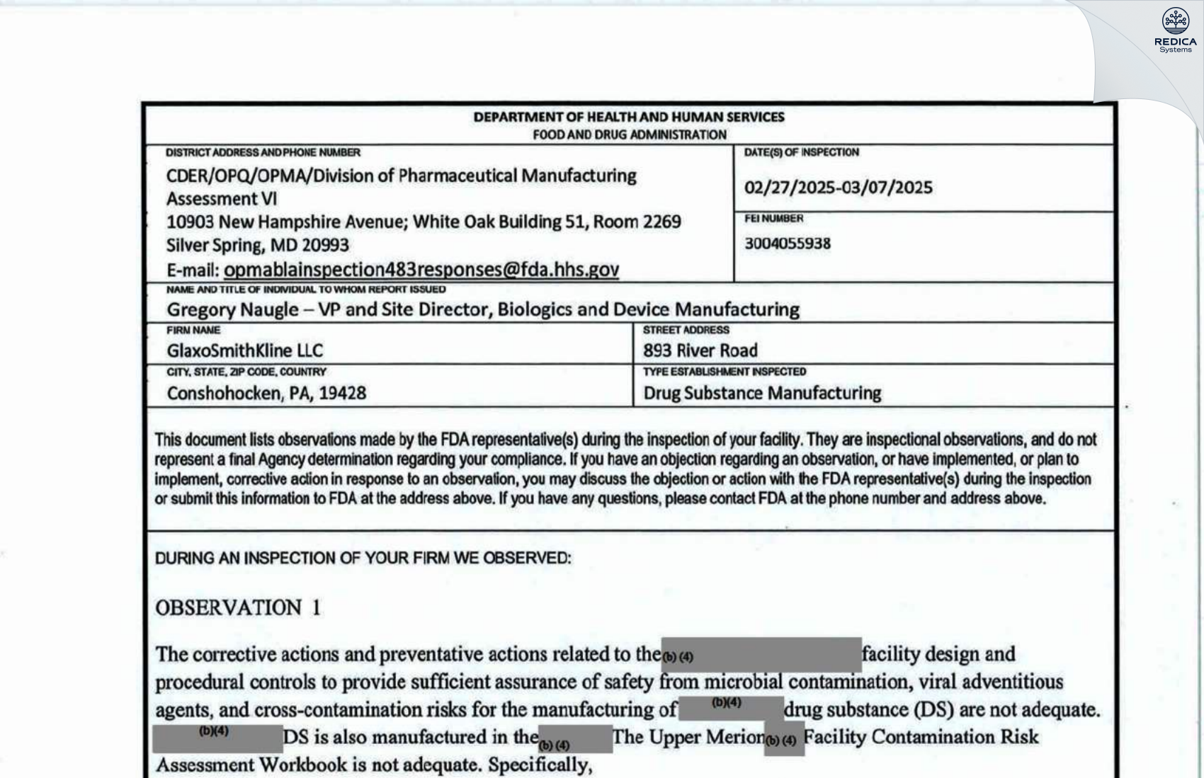 FDA 483 - GlaxoSmithKline LLC [Conshohocken / United States of America] - Download PDF - Redica Systems