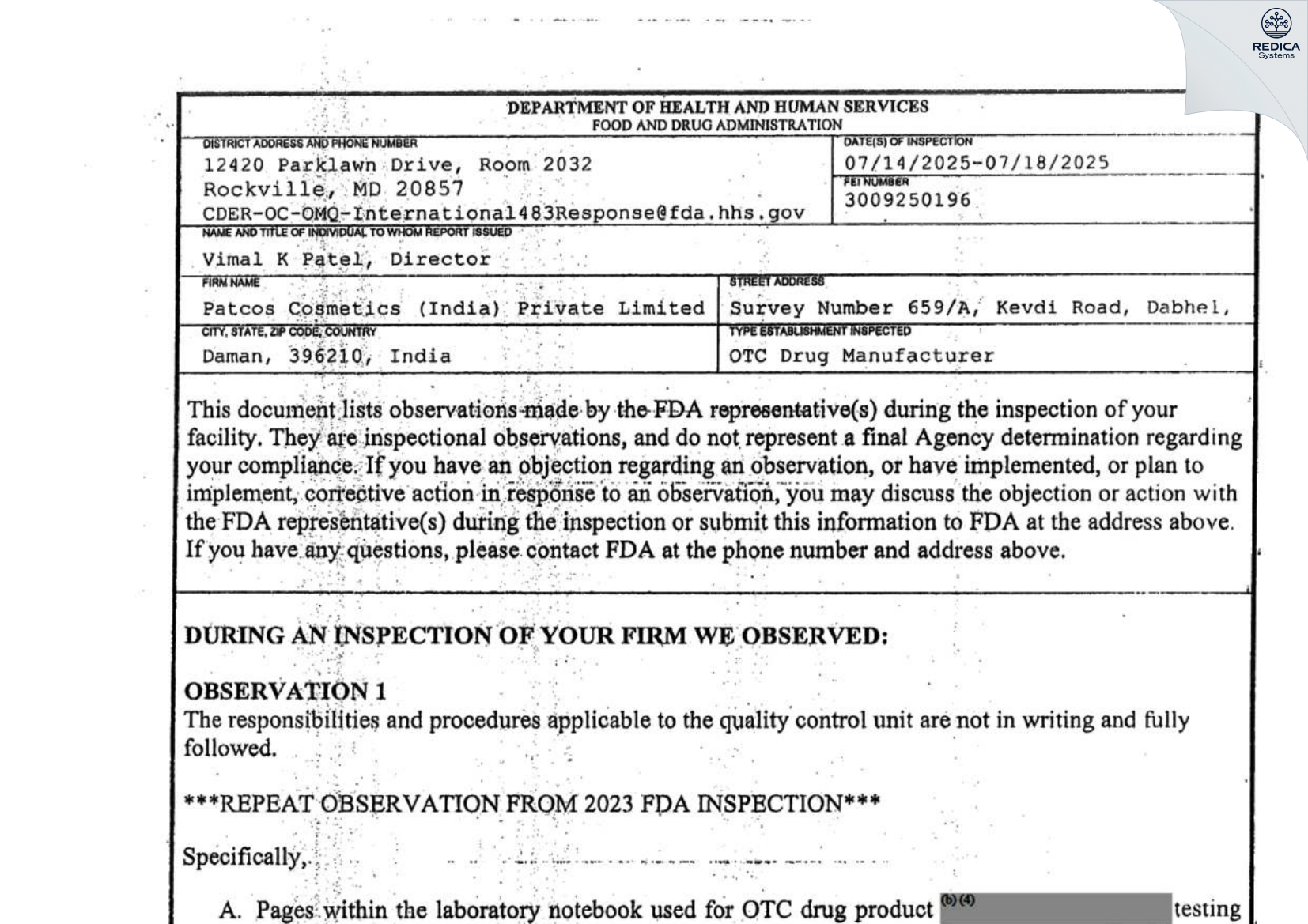 FDA 483 - PATCOS COSMETICS (INDIA) PRIVATE LIMITED [Daman / India] - Download PDF - Redica Systems