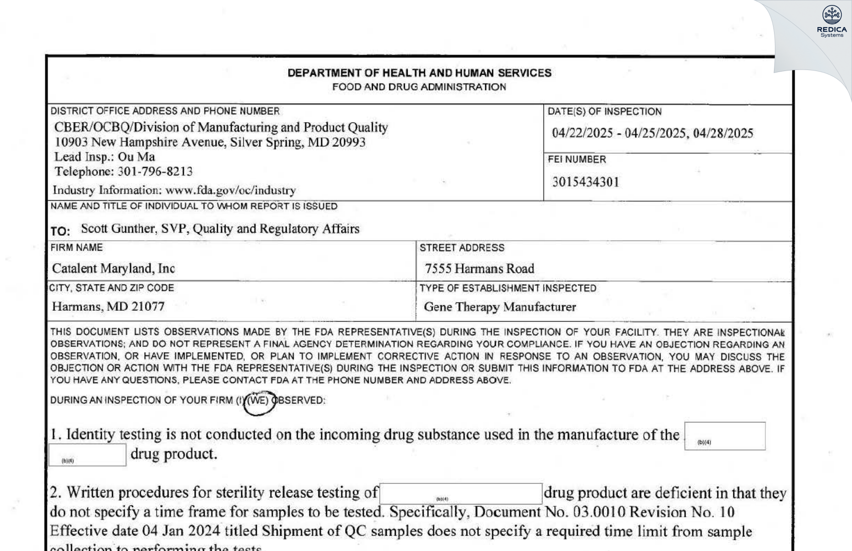 FDA 483 - Catalent Maryland, Inc. [Harmans / United States of America] - Download PDF - Redica Systems