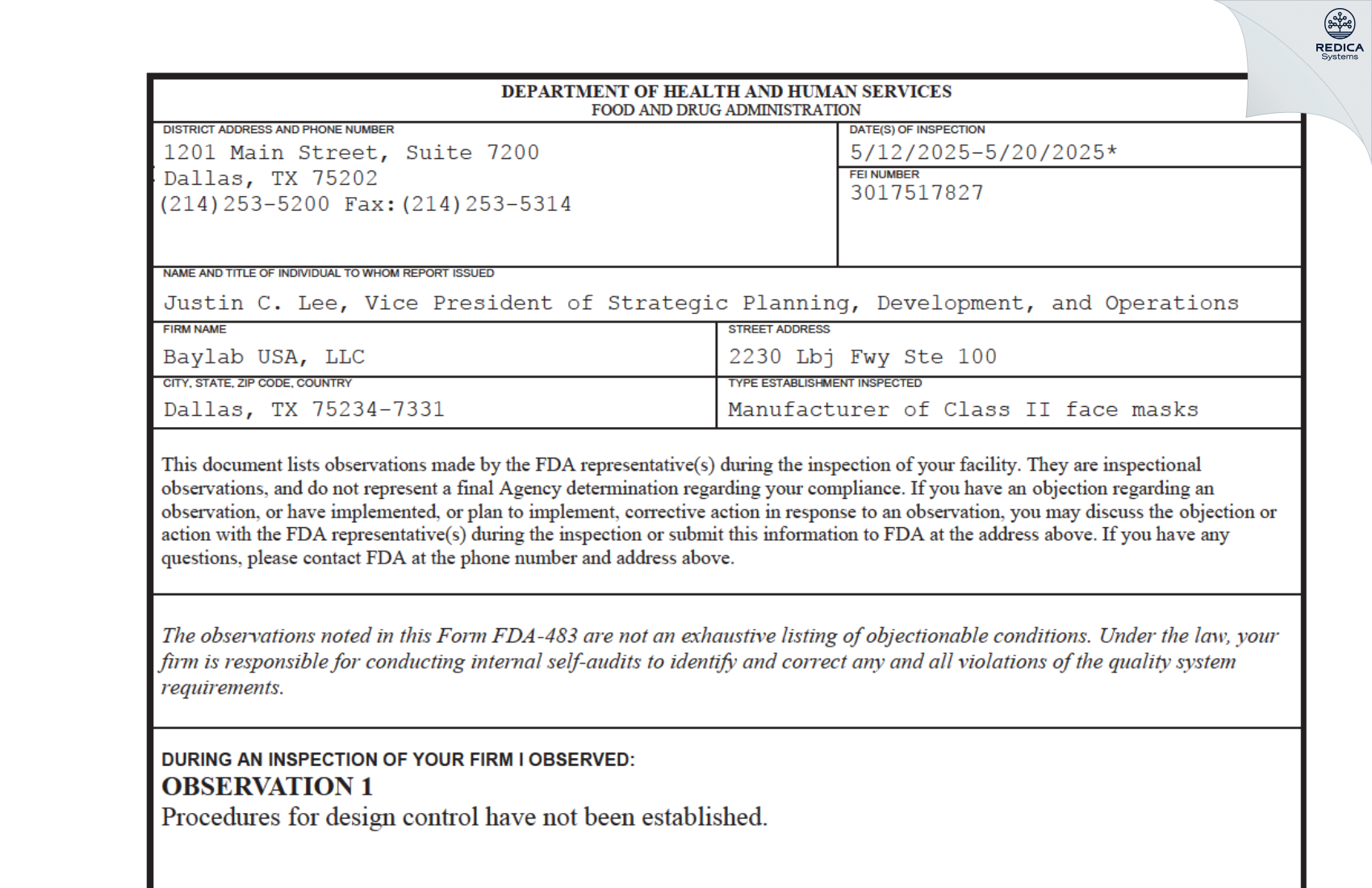 FDA 483 - Baylab USA, LLC [Dallas / United States of America] - Download PDF - Redica Systems