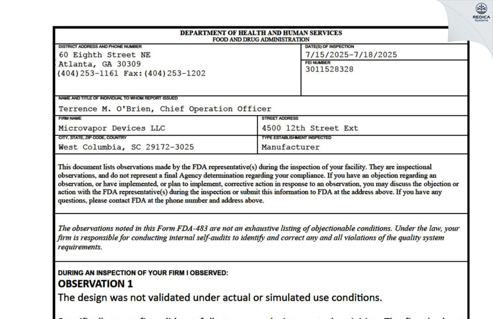 FDA 483 - Microvapor Devices LLC [Columbia / United States of America] - Download PDF - Redica Systems
