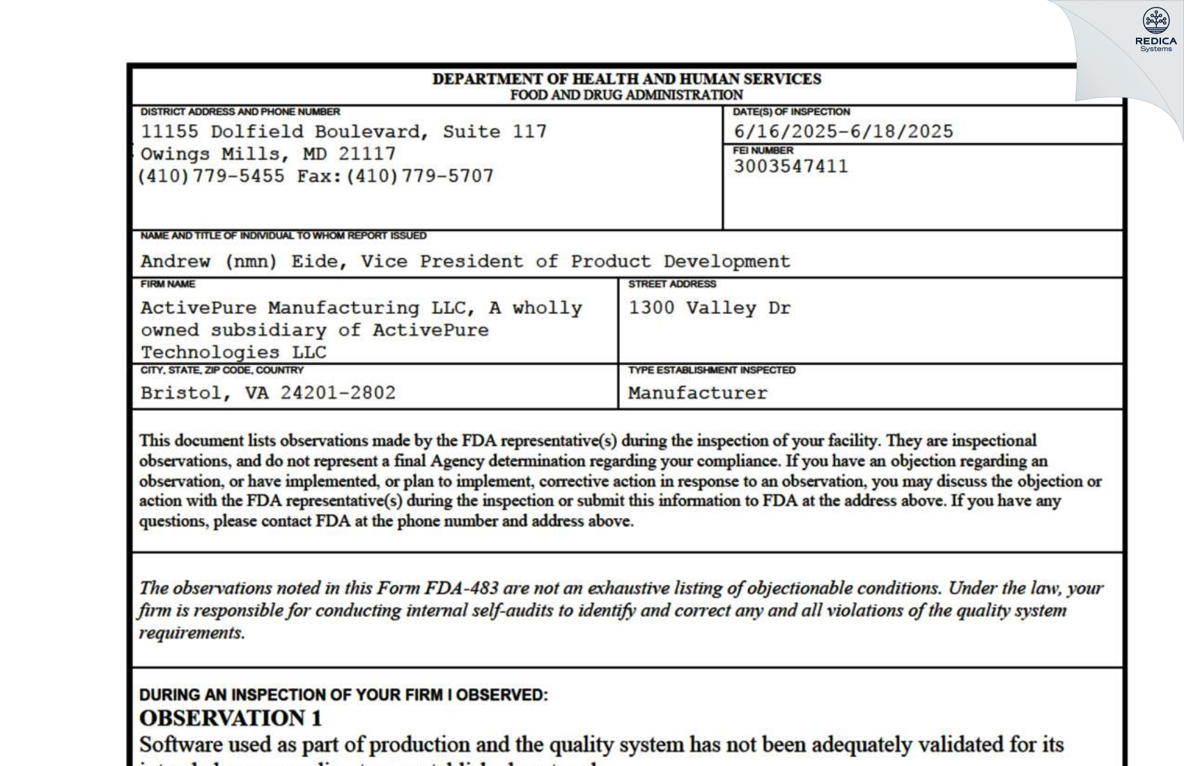 FDA 483 - ActivePure Manufacturing LLC [Bristol / United States of America] - Download PDF - Redica Systems