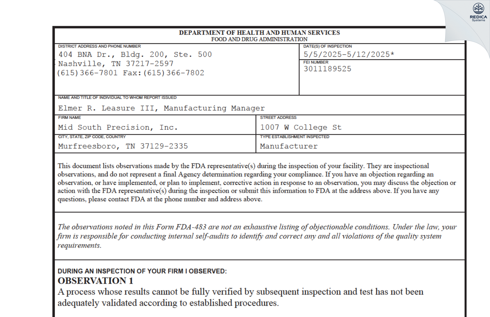 FDA 483 - Mid South Precision, Inc. [Murfreesboro / United States of America] - Download PDF - Redica Systems