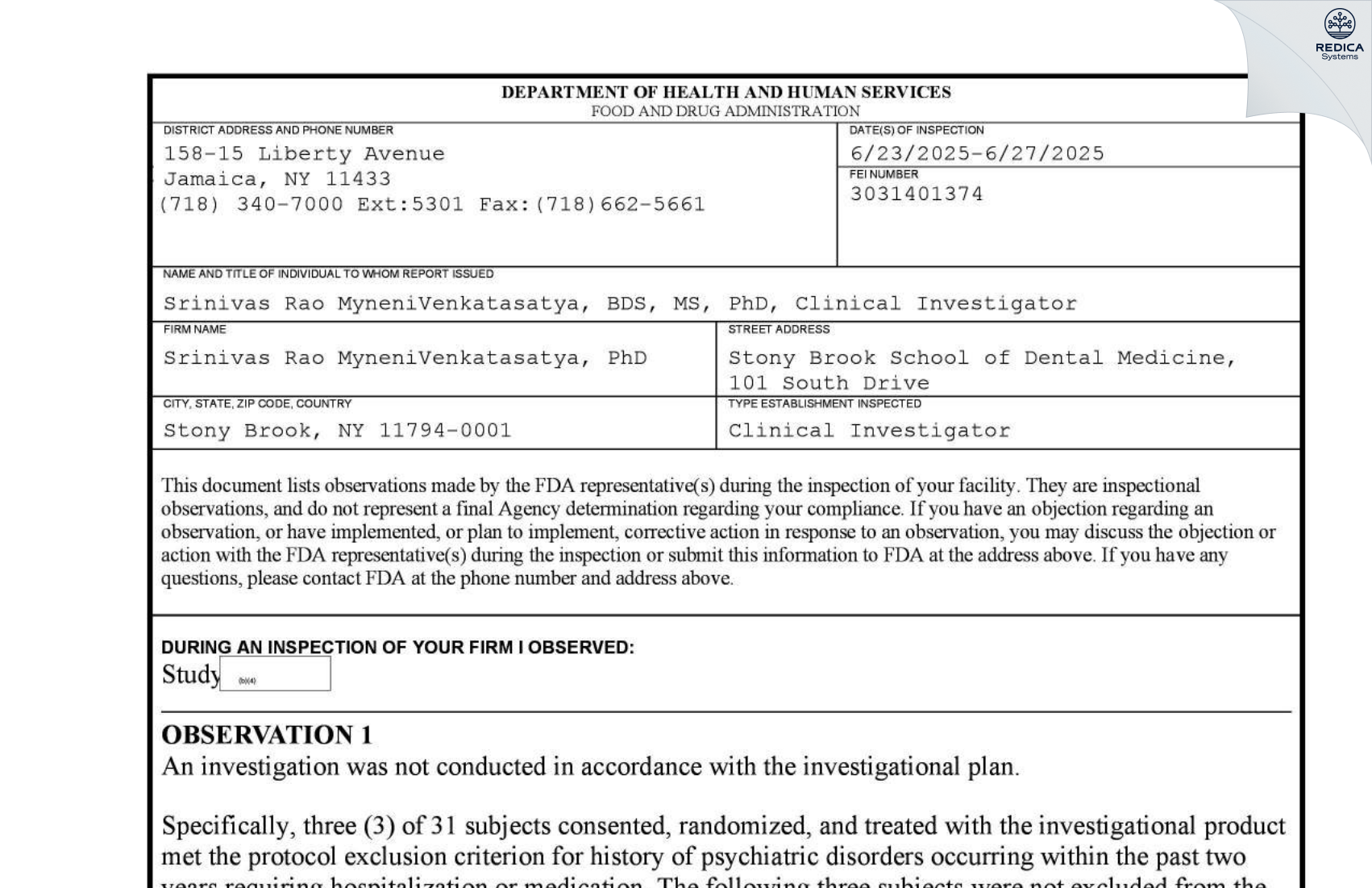 FDA 483 - Srinivas Rao MyneniVenkatasatya, PhD [Stony Brook / United States of America] - Download PDF - Redica Systems