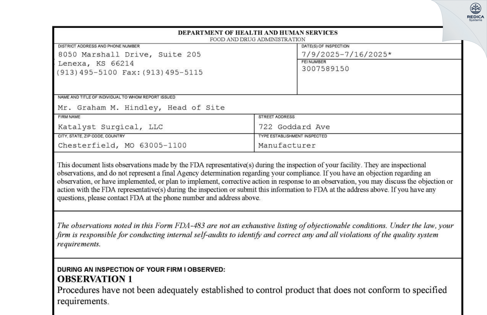 FDA 483 - Katalyst Surgical, LLC [Chesterfield / United States of America] - Download PDF - Redica Systems